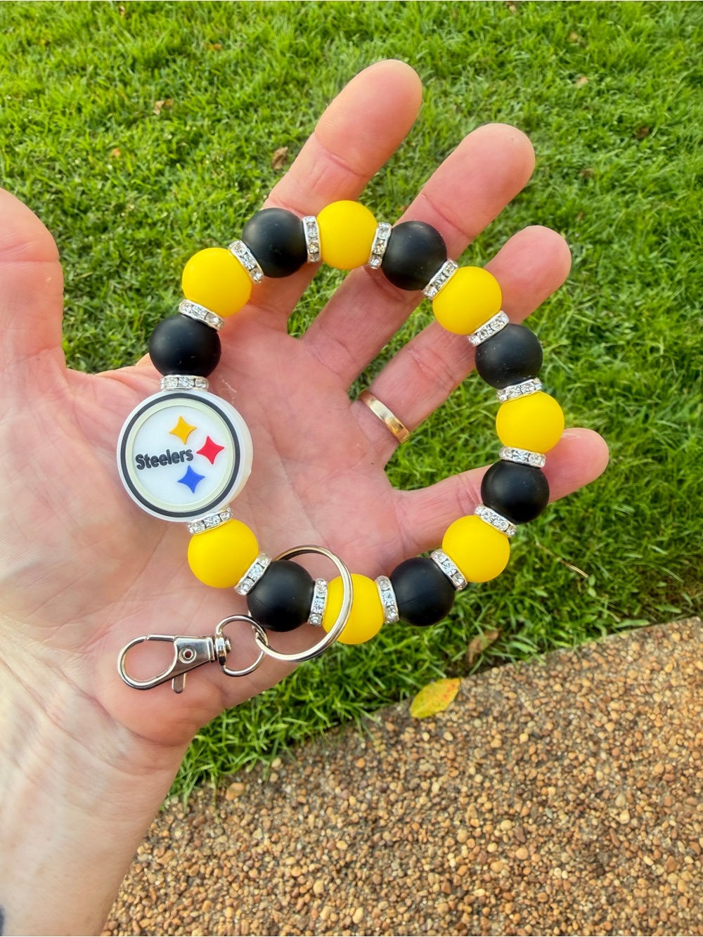 Steelers Inspired Black Gold Silicone Beaded Wristlet Keychain Football